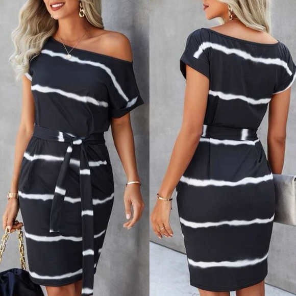 Boho striped boat neck belted casual dress - Picture 2 of 3